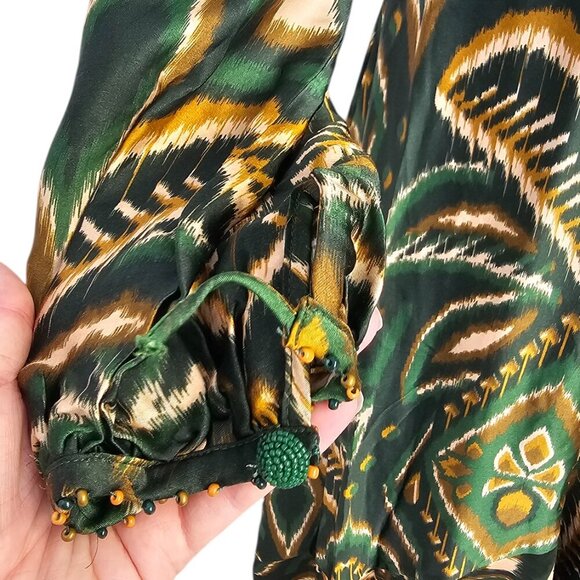 Farm Rio Pineapple Ikat Asymmetric Hem Wrap Dress, Beaded, V-Neck, Tie, Size S - Picture 8 of 12